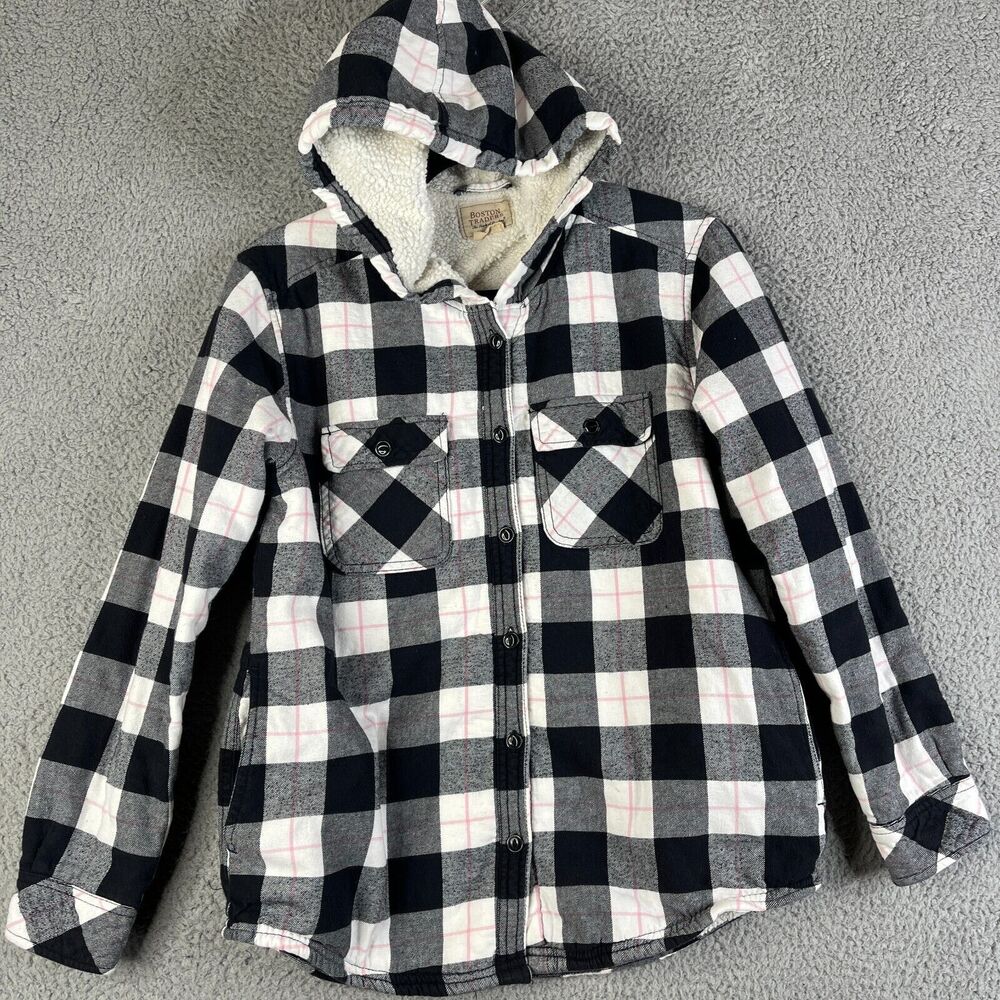 BOSTON TRADERS  Shacket Womens S Plaid Hoodie Flannel Shirt Jacket Sherpa Lined